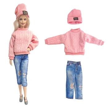 1 Set Aukštos Kokybės Rankų darbo Apranga Rausvos spalvos Medvilnės Megztinis +Hat+Džinsai Drabužius Barbie Lėlės Priedai 11.5 Colių Mergina Žaislai