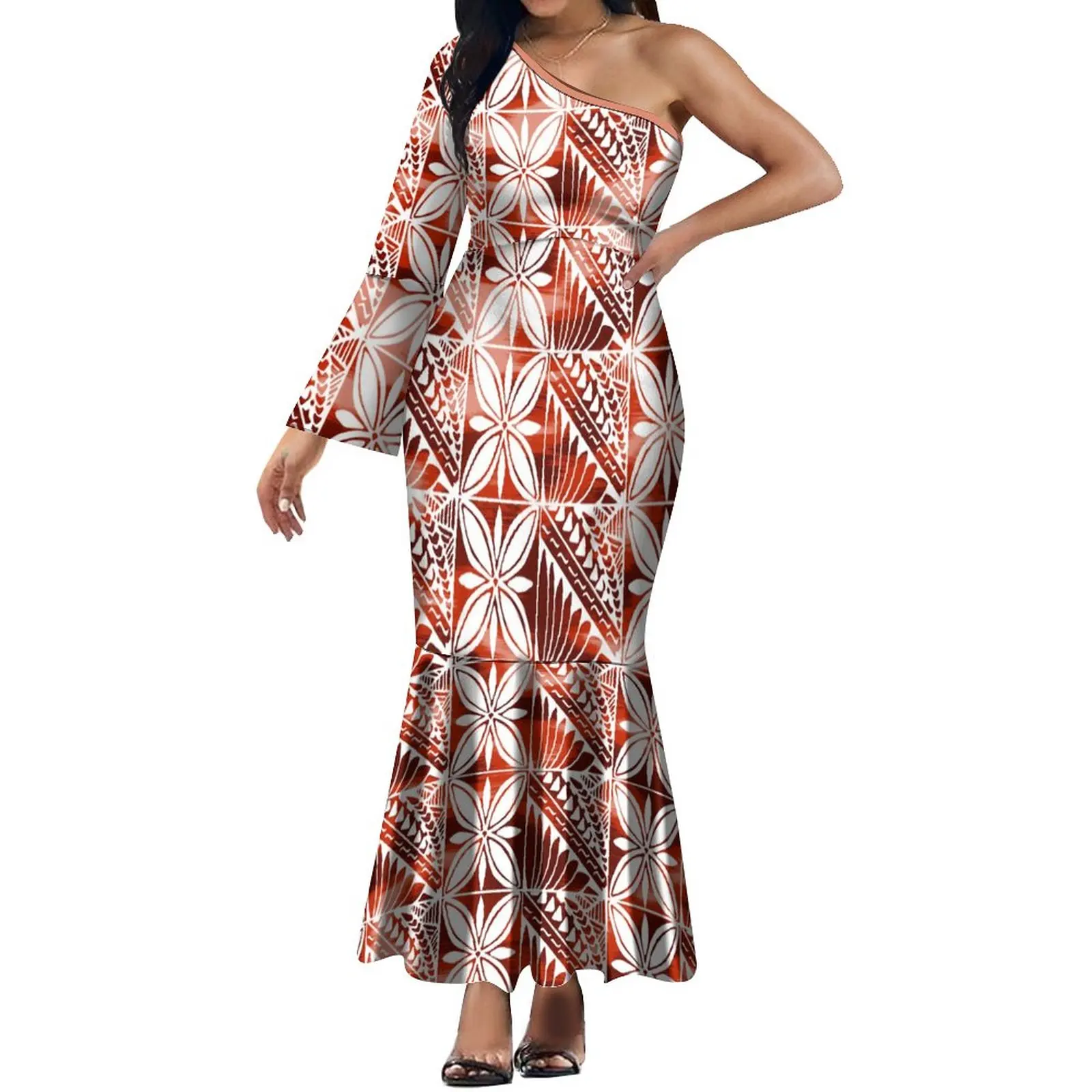 Moterų Off-The-Pečių Suknelė Slim-Fit Slidinėti Sijonas Su VYRIŠKI ilgomis Rankovėmis Marškinėliai, Polinezijos Genties Dizaino Pora Suknelė Nuotrauka 2