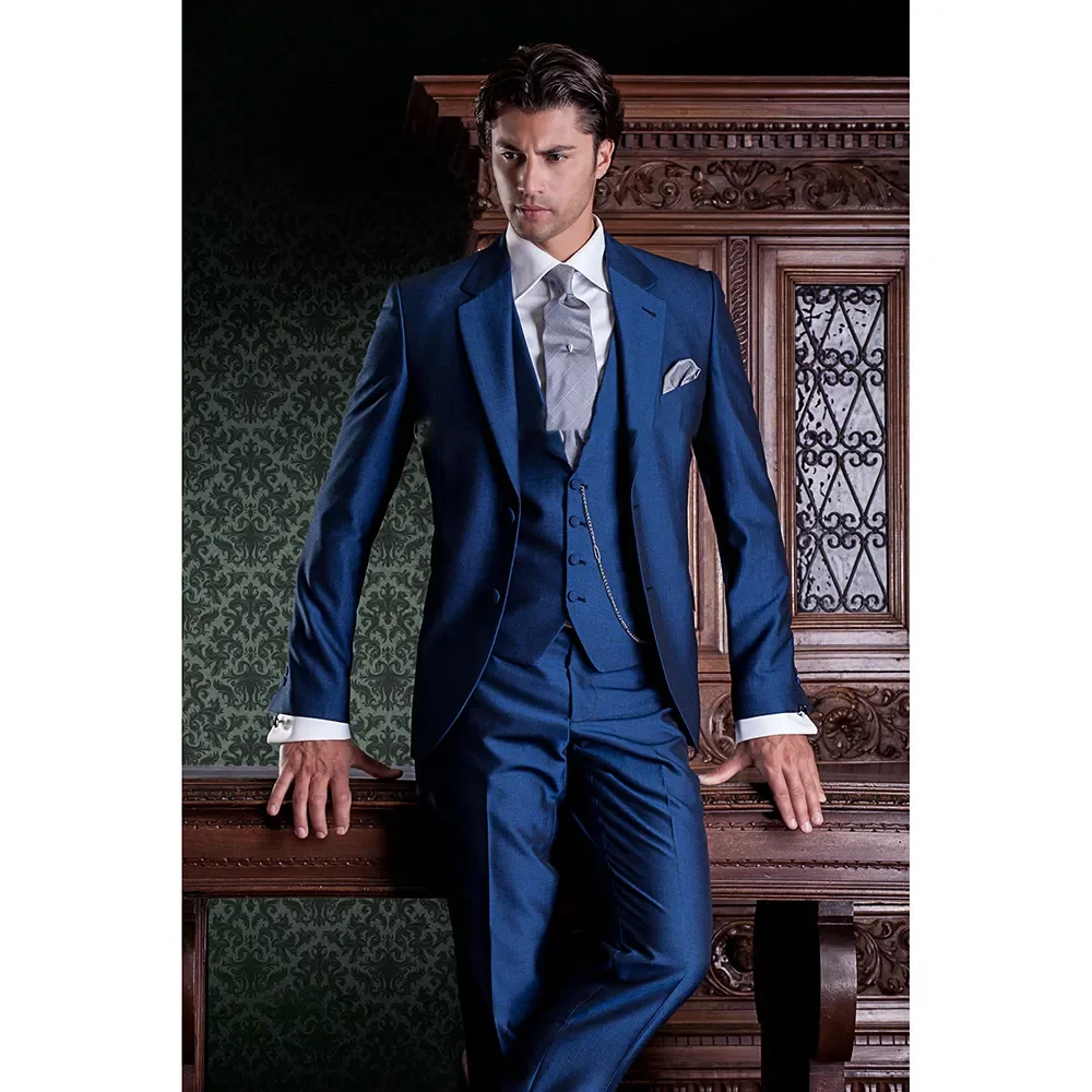 Royal Blue Tuxedos Kostiumai Vyrams Terno Švarkas Hombres Trijų Dalių Striukė, Kelnės, Liemenė Masculino Kostiumas Pour Homme Mariage Vestuvių Nuotrauka 0