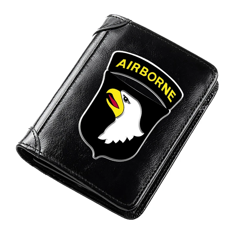 Klasikinės Juodos spalvos 101st Airborne Division Spausdinimo natūralios Odos Piniginės Vyrams Rda Plonas Trumpas ID Kredito Kortelės Turėtojas Pinigų Maišas Nuotrauka 0
