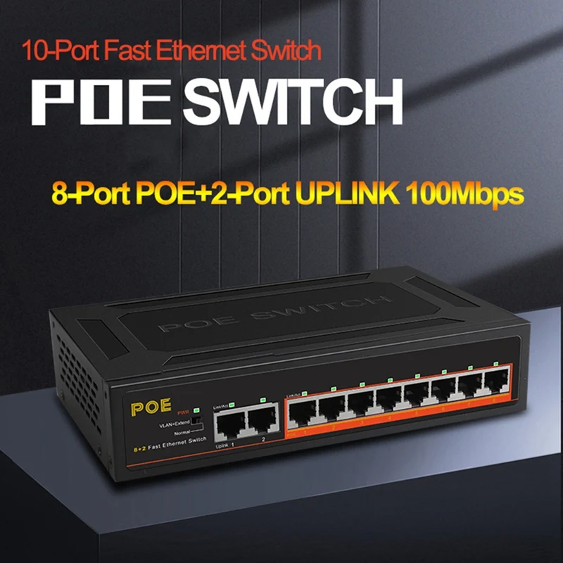 10 Prievadų POE Switch 100Mbps Ethernet Smart Switch 8 PoE+2 UpLink Office Home Tinklo Hub Adapteris IP Kamera-JAV Plug Nuotrauka 2