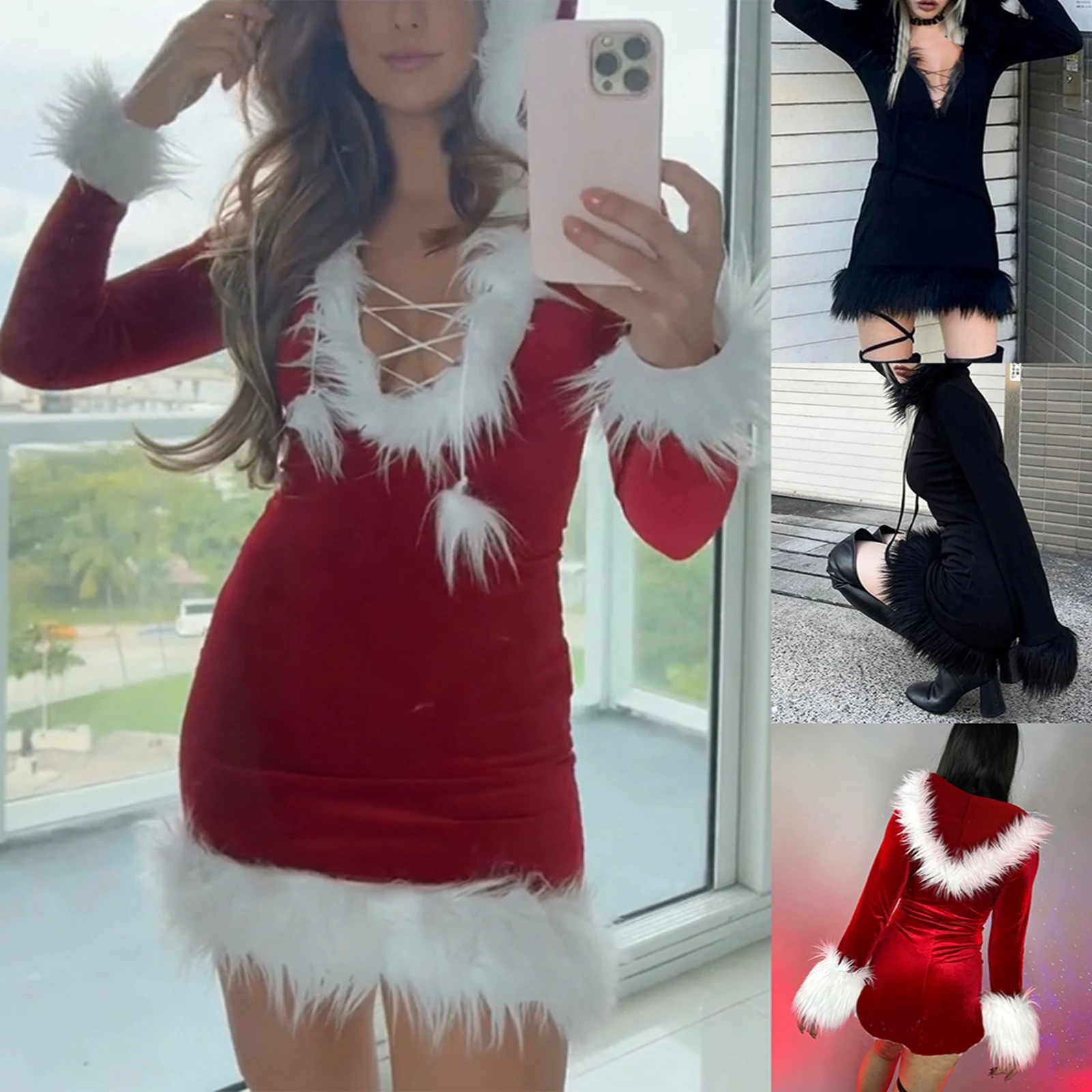 Moterų Kalėdų Kostiumai Mini Suknelė Mielas Pliušinis ilgomis Rankovėmis Mini Suknelė su Gobtuvu Cosplay Maskuotis Vaidmenų Šalies Komplektai Nuotrauka 4