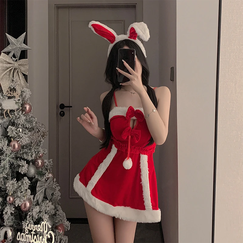 Kalėdų Bunny Mergina Triušis Cosplay Erotika Pliušinis Tuščiaviduris Seksualus Kambarinės Uniforma Vakarėlis Clubwear Apatiniai Cosplay Trikotažo Suknelė Nuotrauka 0