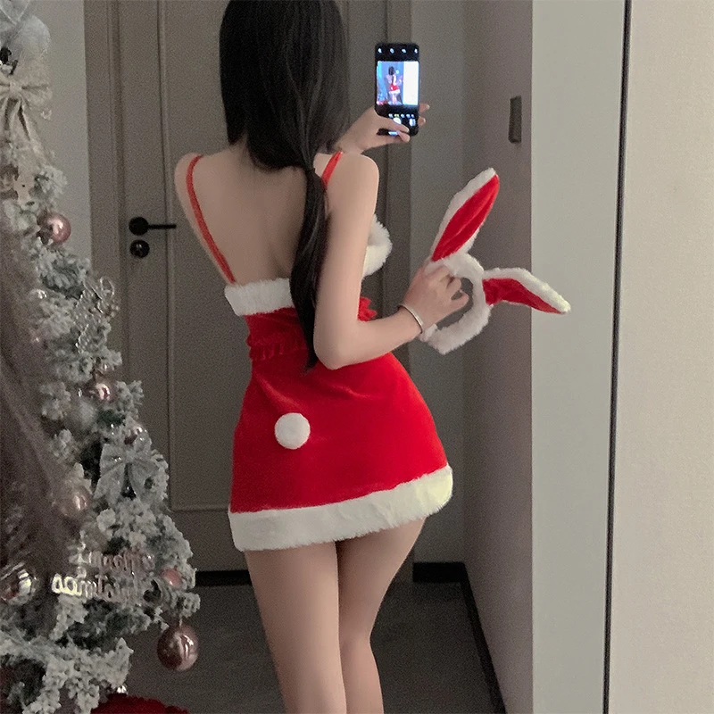 Kalėdų Bunny Mergina Triušis Cosplay Erotika Pliušinis Tuščiaviduris Seksualus Kambarinės Uniforma Vakarėlis Clubwear Apatiniai Cosplay Trikotažo Suknelė Nuotrauka 2