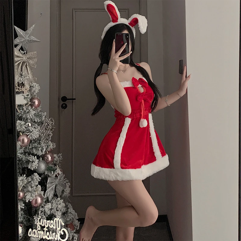 Kalėdų Bunny Mergina Triušis Cosplay Erotika Pliušinis Tuščiaviduris Seksualus Kambarinės Uniforma Vakarėlis Clubwear Apatiniai Cosplay Trikotažo Suknelė Nuotrauka 3