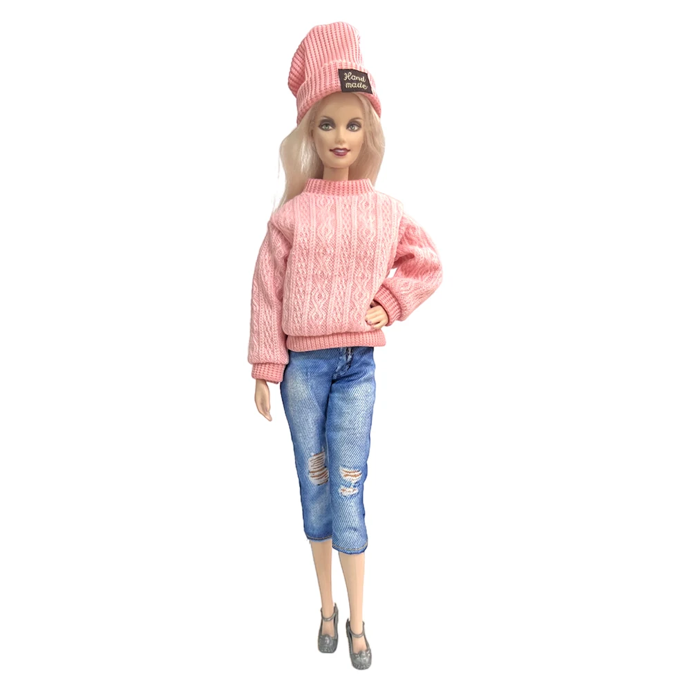 1 Set Aukštos Kokybės Rankų darbo Apranga Rausvos spalvos Medvilnės Megztinis +Hat+Džinsai Drabužius Barbie Lėlės Priedai 11.5 Colių Mergina Žaislai Nuotrauka 2