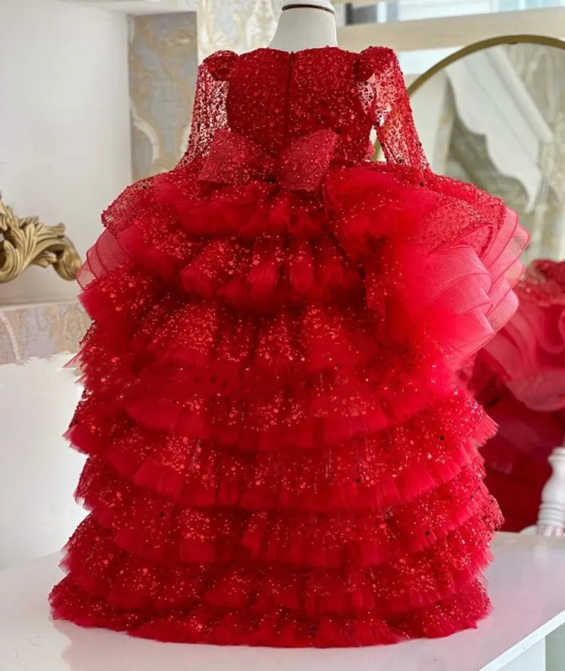 Nauja Raudona Purus Baby Girl Dress Šalis Suknelė Gimtadienio Princesė Suknelė Visiškai Rankovės Krikštynų Suknelė Kūdikių Drabužiai su Ilga Uodega Nuotrauka 0