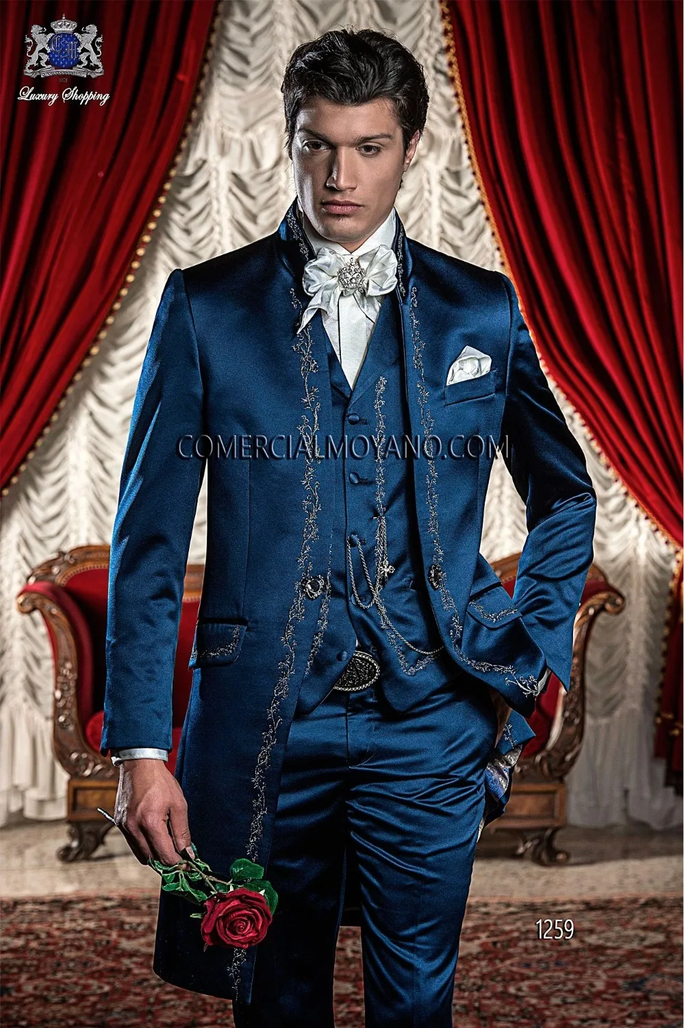 Mėlyna Satino Vyrų Kostiumai, Vestuvių italų Stiliaus Derliaus Siuvinėjimo Tailcoat Jaunikis Tuxedos Nuolatinis Apykaklės Kostiumas Homme Mariage Nuotrauka 0