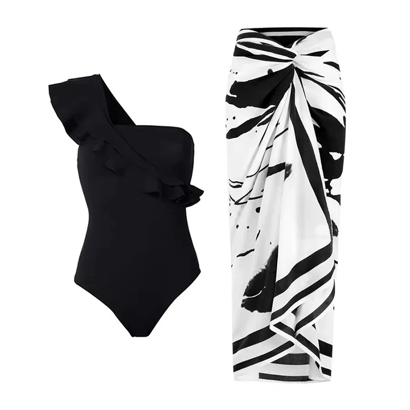Juoda Vieną Petį vientisi maudymosi kostiumėlį pasirinkti Šifono Ritininės Paplūdimio Sijonas Seksualus Susiėmę High Waisted Bikini Moterims iki 2023 m. maudymosi Kostiumėliai Nuotrauka 0