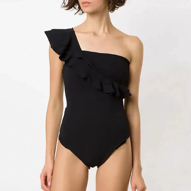 Juoda Vieną Petį vientisi maudymosi kostiumėlį pasirinkti Šifono Ritininės Paplūdimio Sijonas Seksualus Susiėmę High Waisted Bikini Moterims iki 2023 m. maudymosi Kostiumėliai Nuotrauka 1
