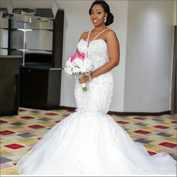 2020 M. Afrikos Šalyje, Spagečiai Dirželiai Nėrinių Aplikacijos Kristalų Undinė Afrikos Vestuvių Suknelė Vestuvių Suknelės