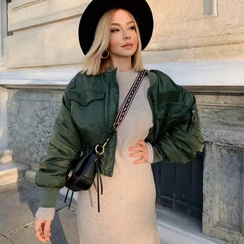 2020 m., stilingas panele rudens žiemos merodi žalia trumpi švarkai moterų mados ilgomis rankovėmis su užtrauktuku bombonešis striukė outwear moterų kailis