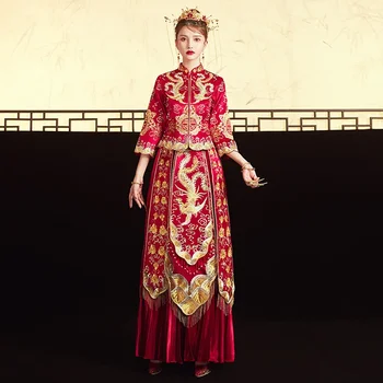 2022 Kinijos Vestuvių Suknelė Moterims, Elegantiška Raudona Stovėti Apykaklės Phoenix Siuvinėjimo Trijų ketvirčių Rankovės Xiuhe Drabužių, Retro Tango Kostiumas