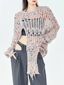 2023 Išskaptuotas Nereguliarus Megzti Viršų Korėjos Stiliaus Megztinis Megztinis Matyti Per Ponios Megztinis Y2k Padalinta Rudenį Streetwear