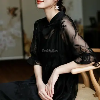 2023 metų pavasarį kinijos cheongsam moterų ilgai stiliaus elegantiškas išsiuvinėti prarasti pusę rankovės cheongsam pagerinti dviejų dalių suknelė s33