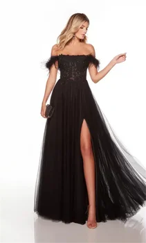 2023 Moterų Petį, Rankovės Tiulio su Appliqued Puošnios Plunksnos Prom Dresses Elegantiškas Oficialus Chalatai Chalatai Padalinti