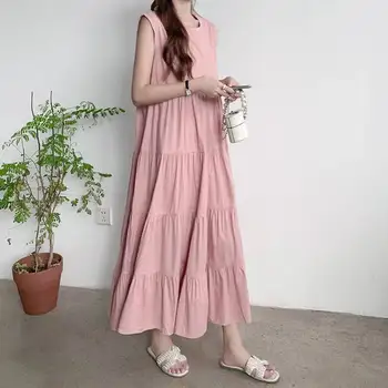 2023 Vasaros Naują Šifono Spliced Suknelės Japonija Stiliaus Vientisos Spalvos Berankovė Priemiestinių Apvalios Kaklo Ilgio Suknelės, Vestidos De Fiesta