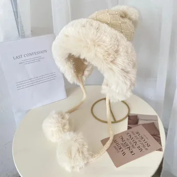 2023 Žiemos Vilnos Kepurė Mielas Moterų Pearl Megzti Skrybėlę Šimtai Moterų Žiemos Ausų Apsaugos Megzti Kamšalu Snow Fox Plaukų