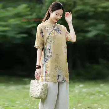 2024 m. kinijos tang kostiumas derliaus hanfu palaidinė moterų nacionalinės gėlių spausdinti medvilnės, lino palaidinė tradicinės kinų retro zen marškinėliai