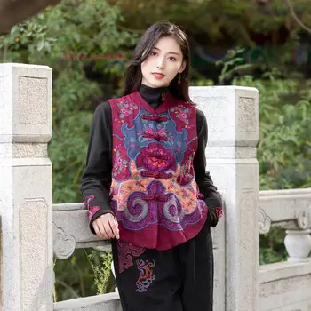 2024 m. nacionalinės gėlių siuvinėjimas tango kostiumas, liemenė rankovių gilet kinijos tradicinės medvilnės skalbiniai vest etninės vintage liemenė