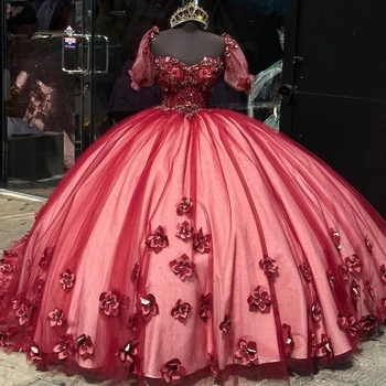 2024 Mielas Raudona Prabanga princesė Quinceanera Suknelės 3DFloral Aplikacijos Karoliukai Off Peties Šurmulio Korsetas, vestidos de 15 años
