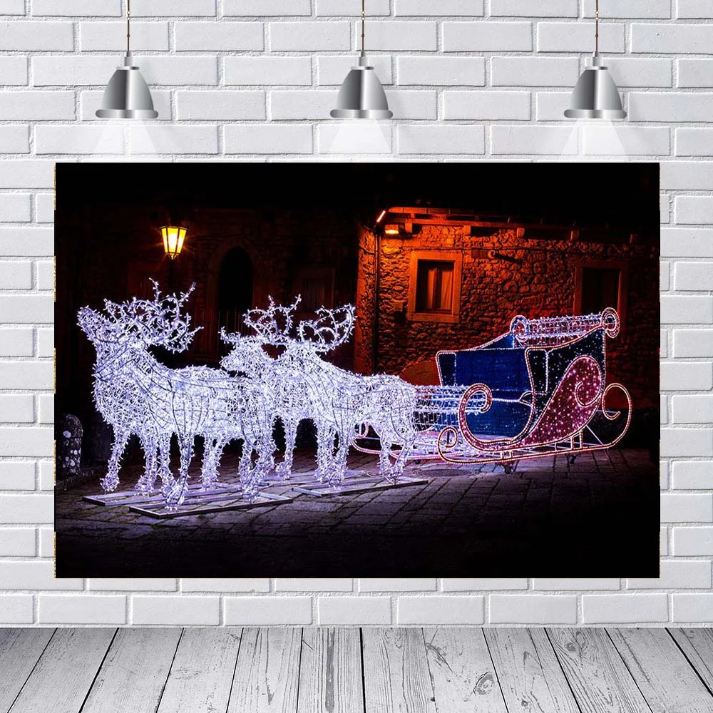  Kalėdinė girlianda šiaurės elnių pasivažinėjimas gatvėje naktį šviesos kotedžas Fone Vinilo audiniu Kompiuteris spausdinti šalis foto fonas Nuotrauka 0