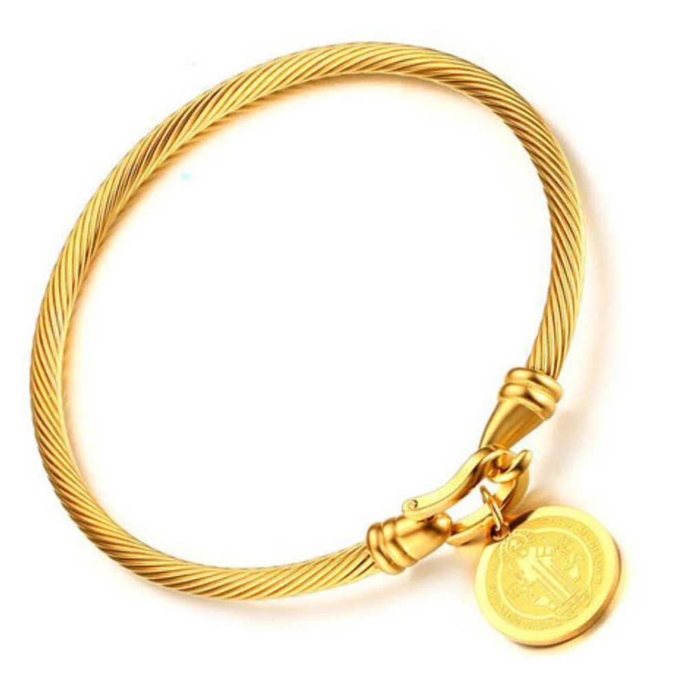 Aukso spalvos Šventojo Benedikto Medalis Manžetai Žavesio Apyrankės & Bangle Moterų Viela iš Nerūdijančiojo Plieno Pulseira Papuošalai Nuotrauka 0