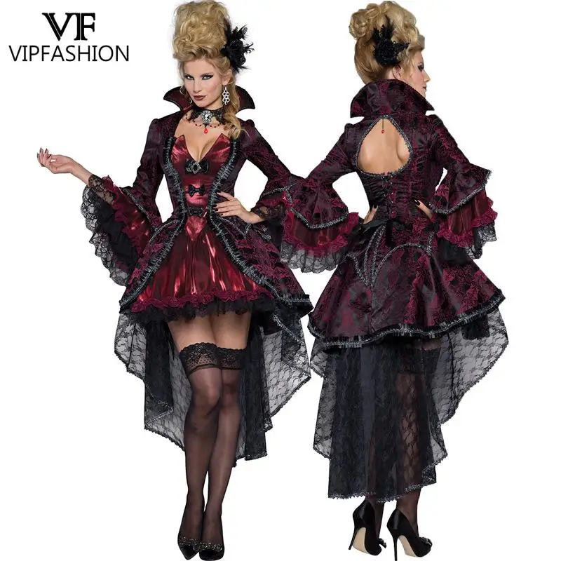 VIP MADA Moterims, Helovyno Cosplay Kostiumų Karnavalas Vampyrų Karalienė Ragana Dress Raudonos Nėrinių Šalis Suknelė Puras Rodyti Atostogų Apranga Nuotrauka 0