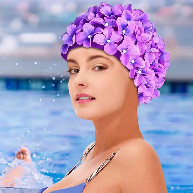 3D Gėlių Moteris Elastingumą Žiedlapis Retro Plaukimo Kepuraitė Vasaros Mados Ponios Gėlių Derliaus Paplūdimio Maudymosi Kepurę Nuotrauka 2