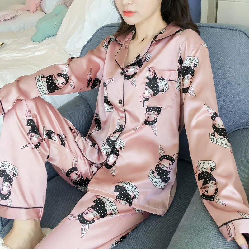 Pavasarį, Vasarą, Rudenį, Satino, Šilko Moterų Pižama Rinkiniai Sleepwear Moterų Pijama Kostiumas Gėlių Loungewear Ilgomis Rankovėmis Pižamos Komplektas Nuotrauka 0