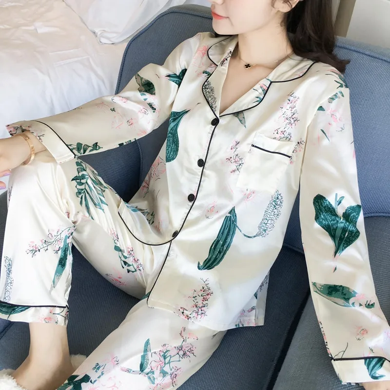 Pavasarį, Vasarą, Rudenį, Satino, Šilko Moterų Pižama Rinkiniai Sleepwear Moterų Pijama Kostiumas Gėlių Loungewear Ilgomis Rankovėmis Pižamos Komplektas Nuotrauka 1