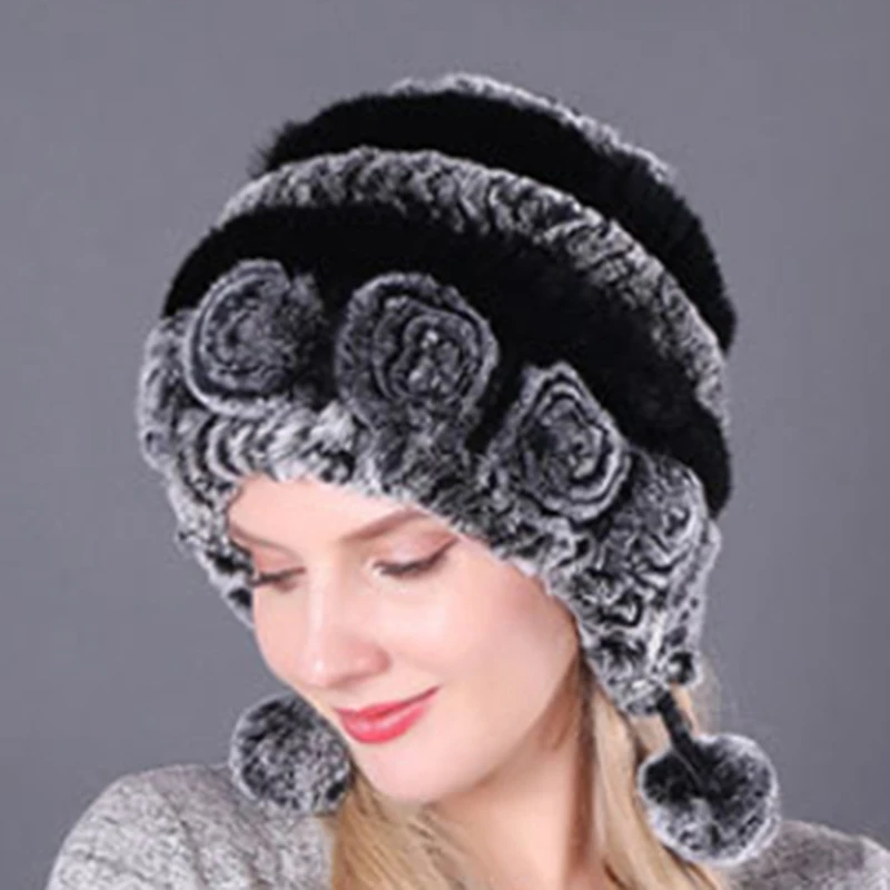 Žiemą Moterims Gėlės Dryžuotas Natūralūs Triušio Kailiniai Skrybėlės Lady Lauko Šilti Megztiniai Originali Kailio Kepurės Rusijos Kailiniai Skrybėlės Nuotrauka 1