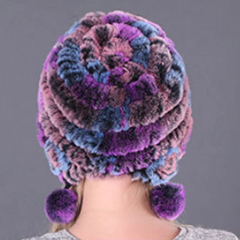 Žiemą Moterims Gėlės Dryžuotas Natūralūs Triušio Kailiniai Skrybėlės Lady Lauko Šilti Megztiniai Originali Kailio Kepurės Rusijos Kailiniai Skrybėlės Nuotrauka 4