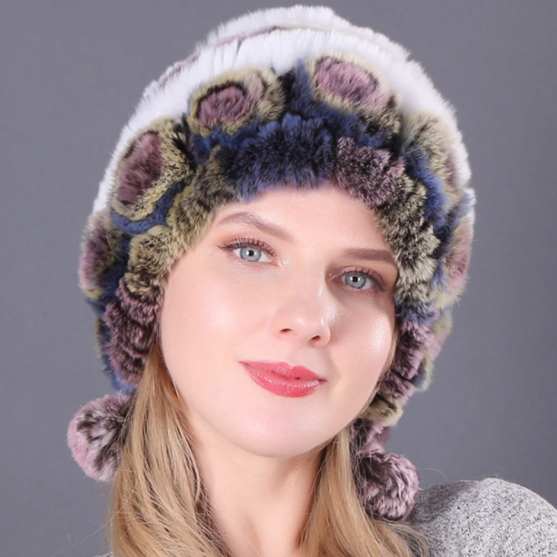 Žiemą Moterims Gėlės Dryžuotas Natūralūs Triušio Kailiniai Skrybėlės Lady Lauko Šilti Megztiniai Originali Kailio Kepurės Rusijos Kailiniai Skrybėlės Nuotrauka 5