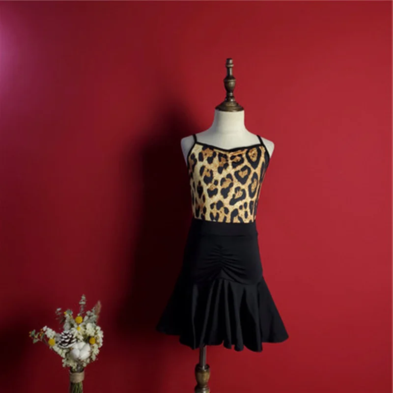 Vaikai Lotynų Šokių Suknelė Praktikos Suknelės Leopard Lotynų Veiklos Moterų, Mergaičių Spandex Konkurencijos Tyrimo Šokių Sijonas Nuotrauka 0
