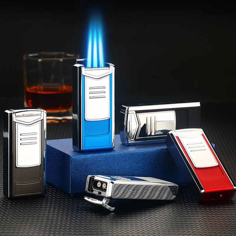 Metalo Galingas Trijų Tiesioginių Tiesiai Lengvesni Mėlyna Liepsna Vėjo Pripučiami Išplečiamojo Uždegti Cigarų, Cigarečių Dovanų Dėžutėje Įrankiai Nuotrauka 1