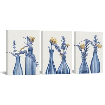 3 Gabalus Gėlės Stiklo Sienos Meno Plakatas Mėlynos Geltonos Spalvos Gėlių Spausdinti Paveikslai Tapyba Modernaus Stiliaus Nuotraukos Kambarį Namų Dekoro