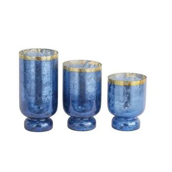 3-Lizdas Mėlyno Stiklo Pakopos Uraganas Lempa Su Aukso Interjero Gėlių Vaza Apdailos Namų Dekoro Prabanga Kambarį Apdaila