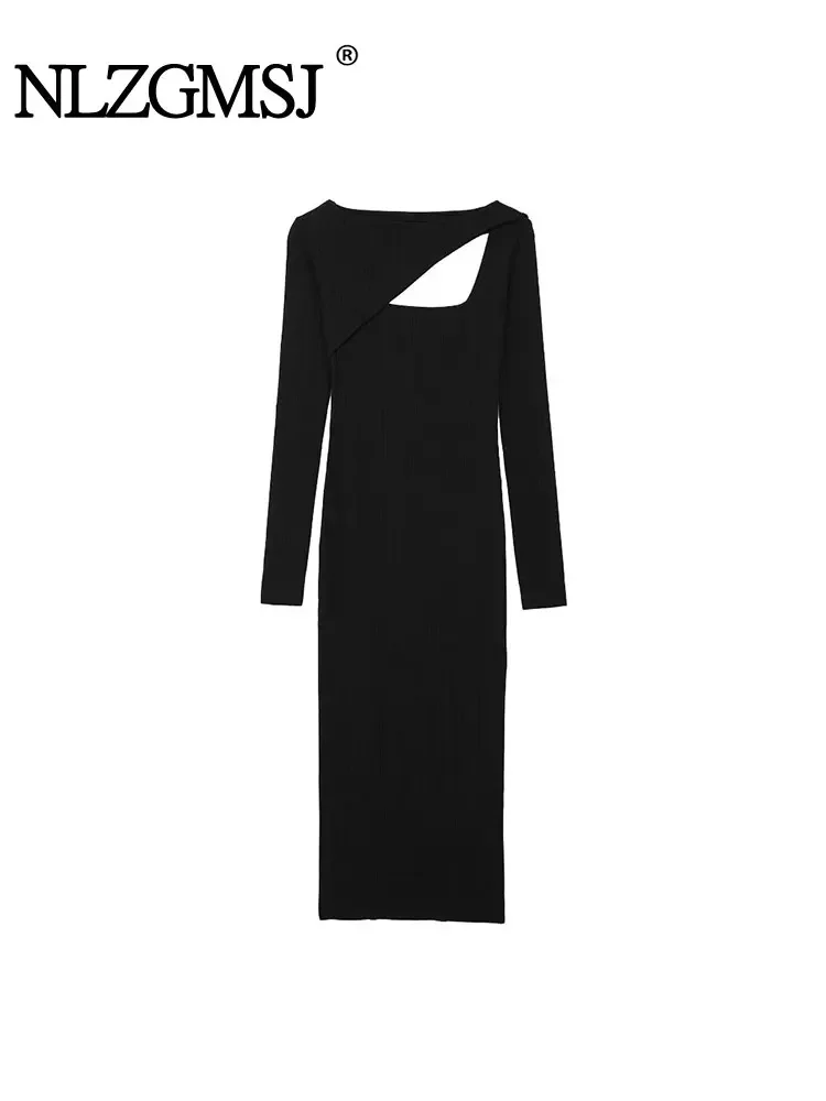 Nlzgmsj TRAF 2024 Moterų Suknelė Naujas Asimetrinis Midi Slim Megztiniai ilgomis Rankovėmis Su atvirais Dizaino Suknelė Moteris Moteriška Suknelė Nuotrauka 0
