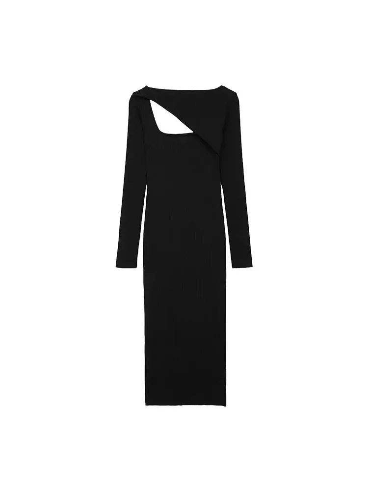 Nlzgmsj TRAF 2024 Moterų Suknelė Naujas Asimetrinis Midi Slim Megztiniai ilgomis Rankovėmis Su atvirais Dizaino Suknelė Moteris Moteriška Suknelė Nuotrauka 1
