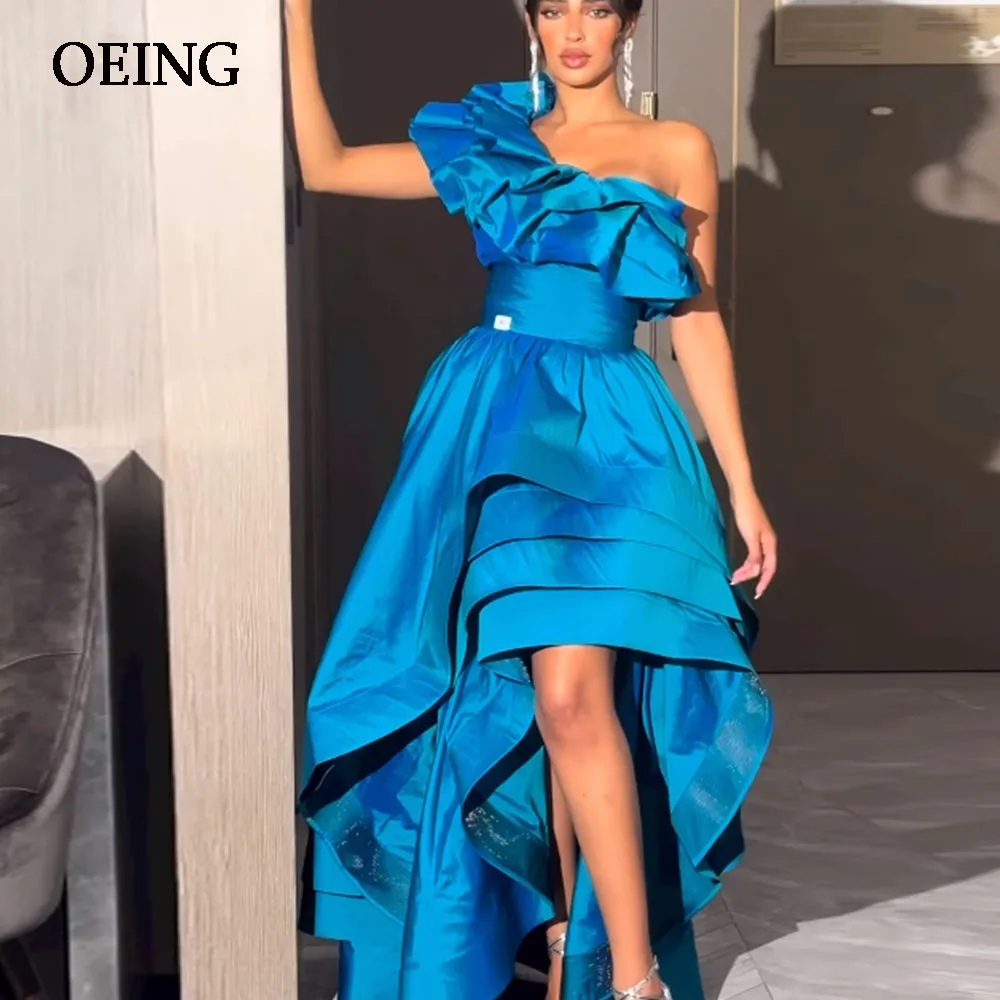 OEING Mėlyna Dėmė, Vieno Peties vakarinę Suknelę Pakopų Plisuotos Promenadzie Suknelė Kulkšnies Ilgio Suknelės Oficialus Vestidos De Fiesta Nuotrauka 0