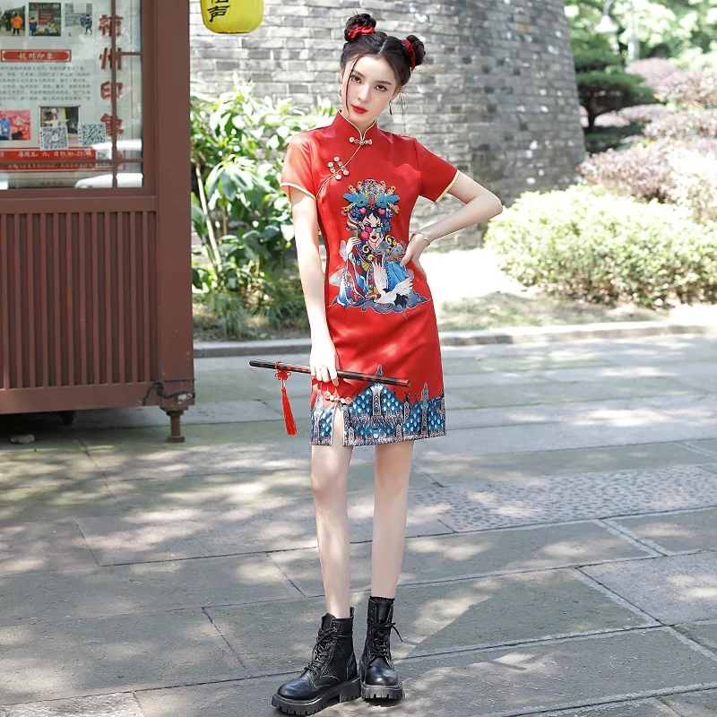 Plus Size Kinų Stiliaus Pagerėjo Raudona Cheongsam Suknelės 2022 Vasaros Atsitiktinis Trumpas Rankovės Naujus Midi Suknelė Nuotrauka 1