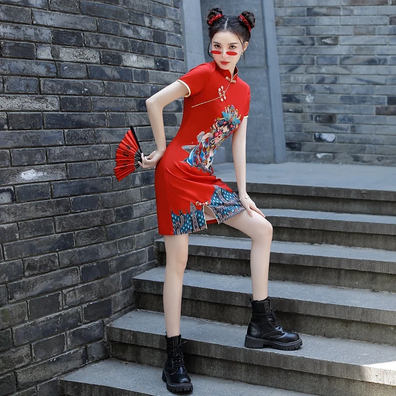 Plus Size Kinų Stiliaus Pagerėjo Raudona Cheongsam Suknelės 2022 Vasaros Atsitiktinis Trumpas Rankovės Naujus Midi Suknelė Nuotrauka 3