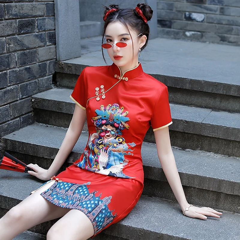 Plus Size Kinų Stiliaus Pagerėjo Raudona Cheongsam Suknelės 2022 Vasaros Atsitiktinis Trumpas Rankovės Naujus Midi Suknelė Nuotrauka 4