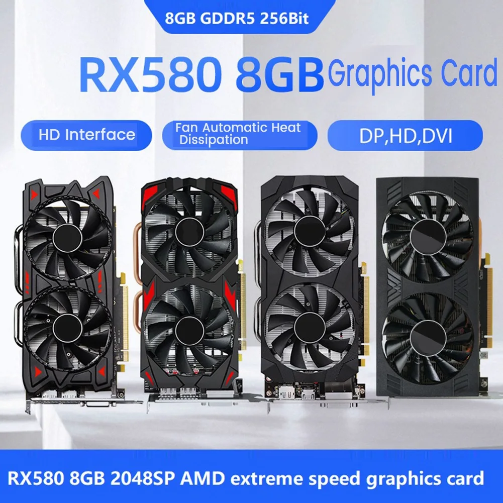 RX580 8GB AMD Žaidimų Grafika Kortelės DDR5 256BIT 2048SP 1284M/8100MHz PCI-E3.0 16X 3XDP 1XHD 1XDVI 8Pin Dual Fan Kortelės Nuotrauka 5