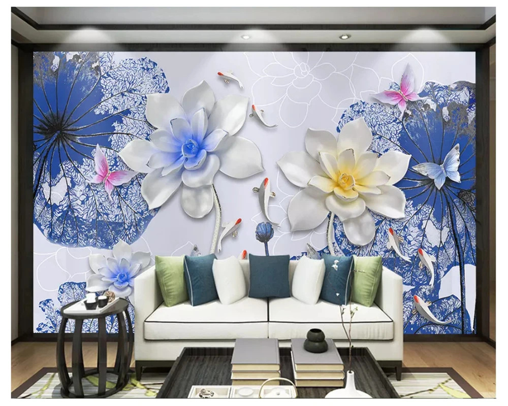 beibehang 3D Šiuolaikinių namų puošybai 3d tapetai mados naujų Kinų stiliaus aukšto lygio lotus devynios žuvų fone de papel parede Nuotrauka 0