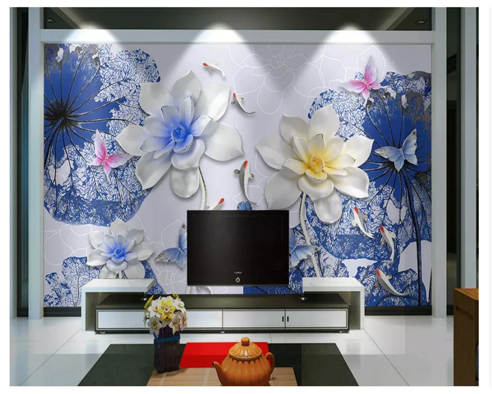 beibehang 3D Šiuolaikinių namų puošybai 3d tapetai mados naujų Kinų stiliaus aukšto lygio lotus devynios žuvų fone de papel parede Nuotrauka 1