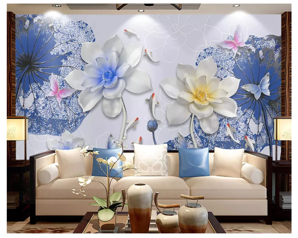 beibehang 3D Šiuolaikinių namų puošybai 3d tapetai mados naujų Kinų stiliaus aukšto lygio lotus devynios žuvų fone de papel parede Nuotrauka 2