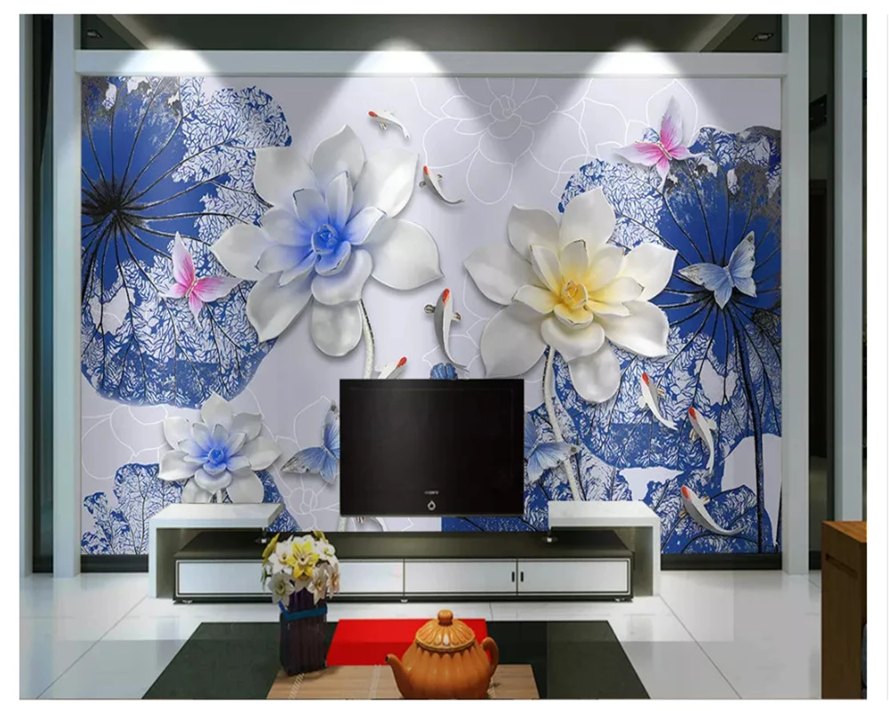beibehang 3D Šiuolaikinių namų puošybai 3d tapetai mados naujų Kinų stiliaus aukšto lygio lotus devynios žuvų fone de papel parede Nuotrauka 3