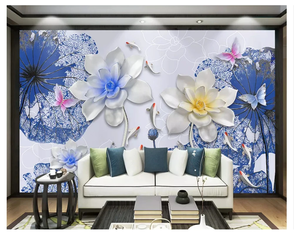 beibehang 3D Šiuolaikinių namų puošybai 3d tapetai mados naujų Kinų stiliaus aukšto lygio lotus devynios žuvų fone de papel parede Nuotrauka 4